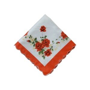 Linen Red Rose Floral Handkerchief Scalloped Cottage Core Bridesmaid Granny